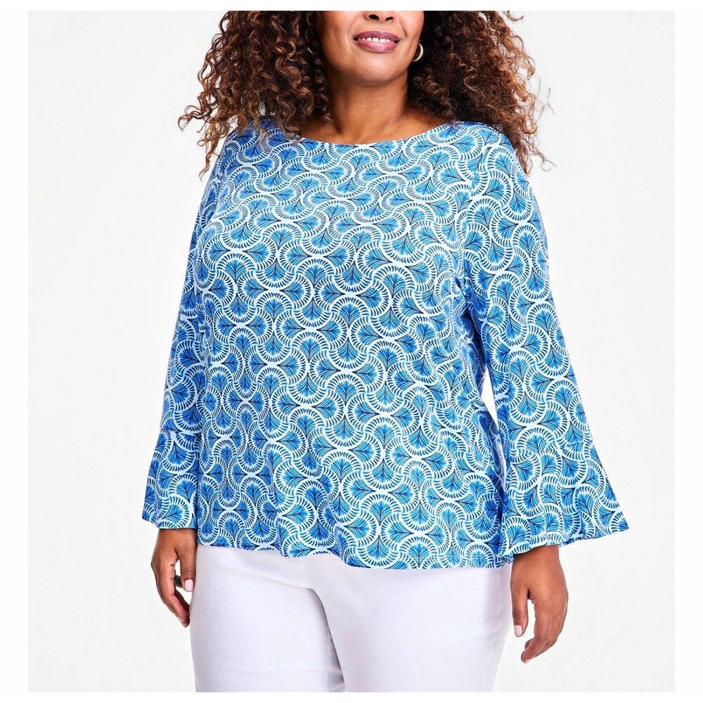 JM Collection Geometric Knit Blouse Bell Sleeve 3/4 boat Neck Plus 2X Blue